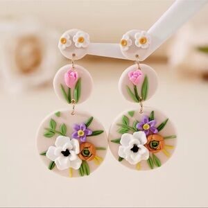 Handmade Trendy 3 Layer Floral Polymer Clay Earrings NWOT